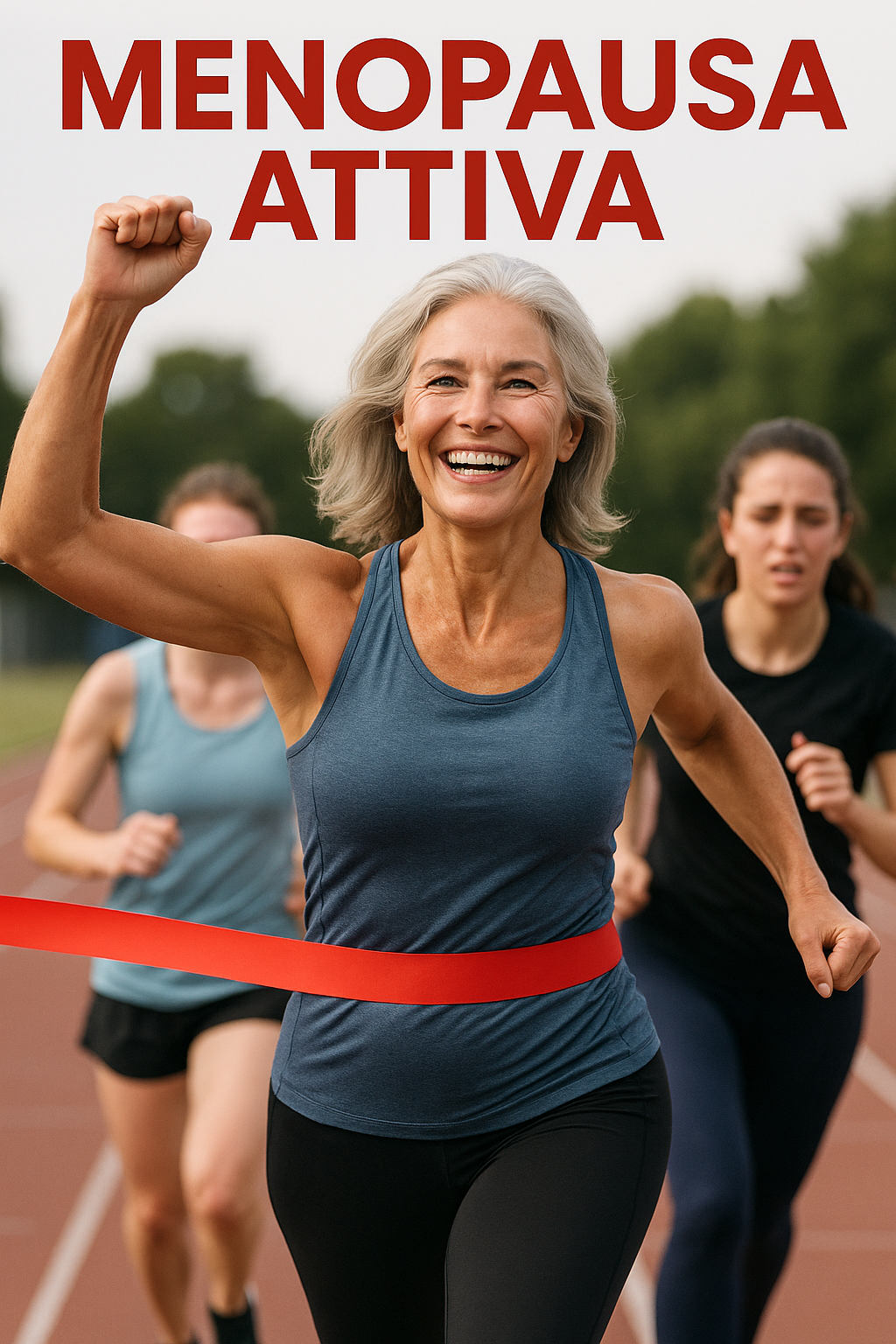 Donna matura che corre sorridendo, simbolo di energia, benessere e menopausa attiva
